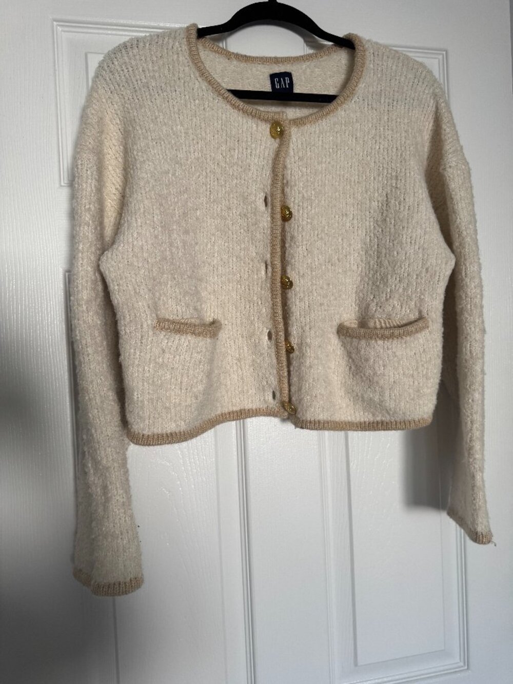 GAP Cream Bouclé Knit Cardigan with Gold Buttons Size: M Petite